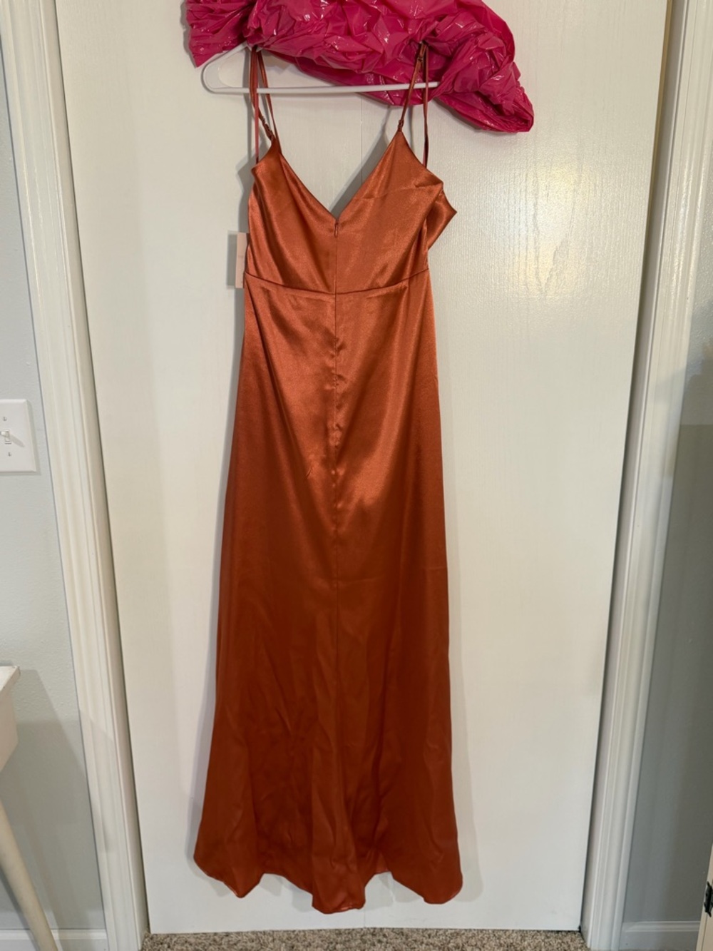 Rust Satin Slip Maxi Dress with V-Neck and Spaghetti Straps